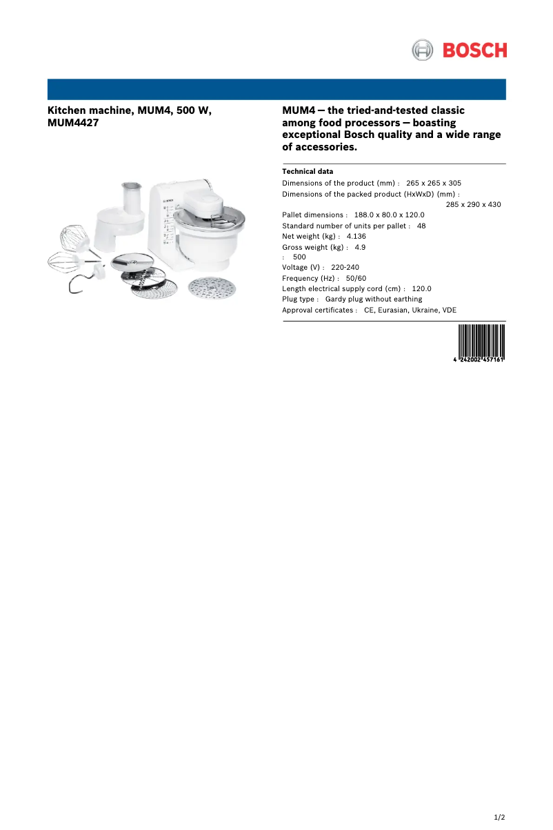 Page 1 de la notice Fiche technique Bosch MUM4427