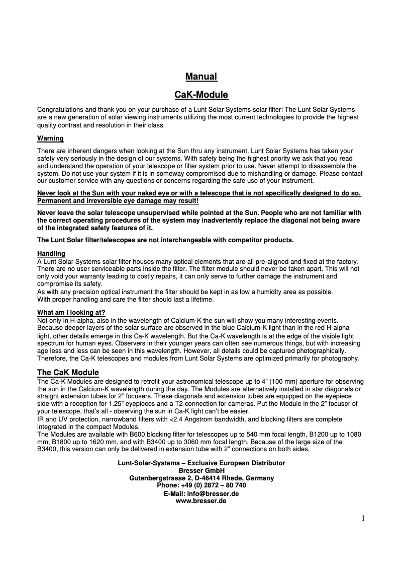 Page 1 de la notice Manuel utilisateur Lunt Solar Systems LS12CaKMDs2