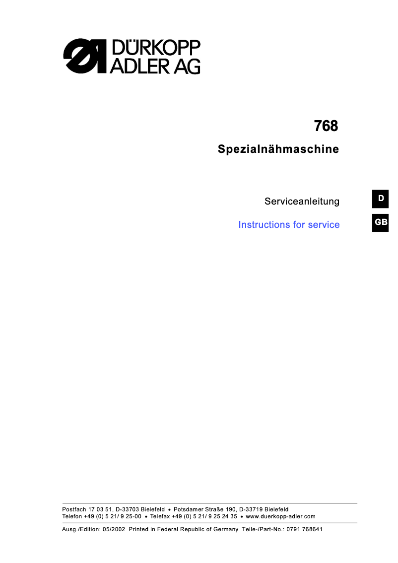 Page n°1 - Manuel utilisateur Dürkopp Adler 768