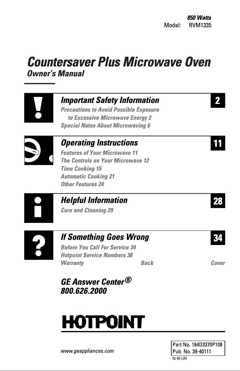 Page 1 de la notice Manuel d'utilisation et d'entretien Hotpoint CounterSaver Plus RVM1325BW