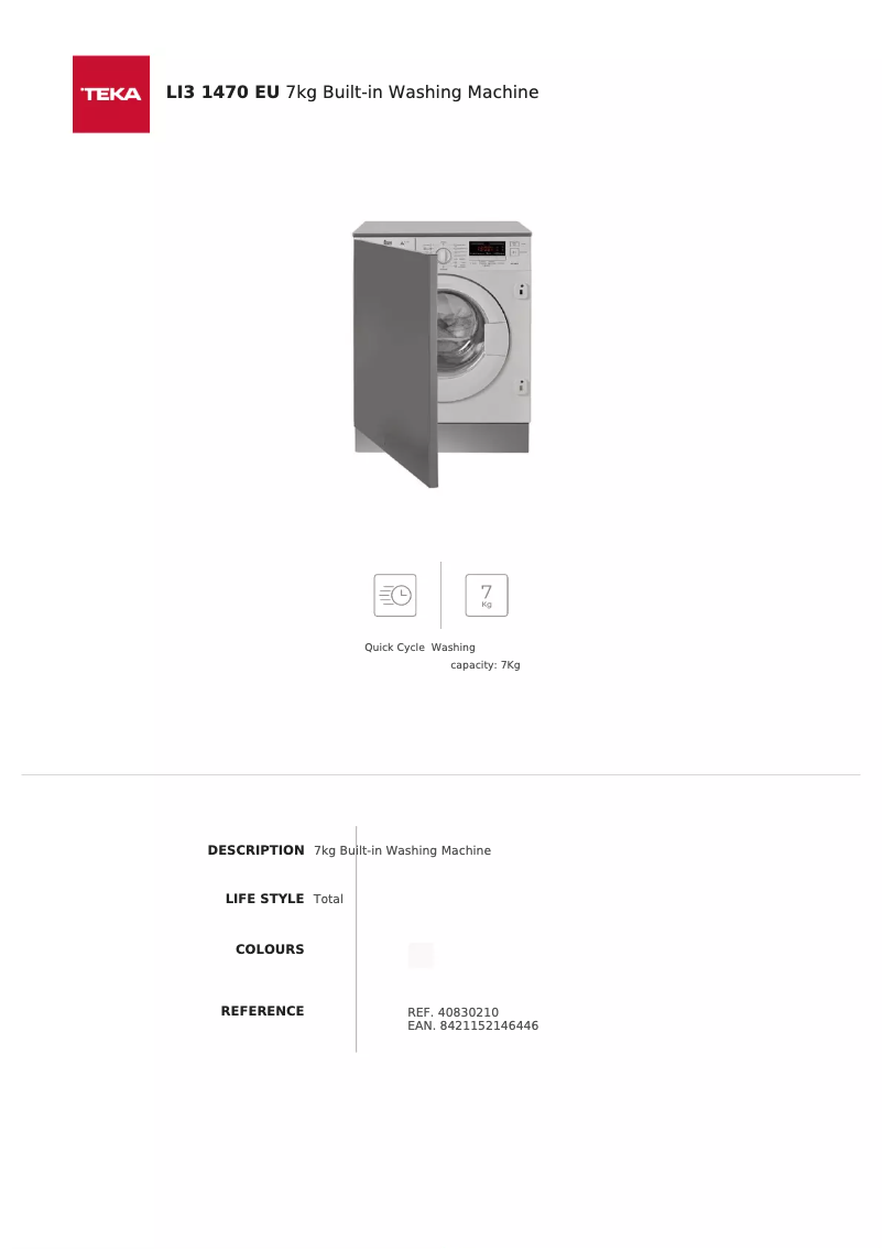 Page 1 de la notice Fiche technique Teka LI3 1470 EU