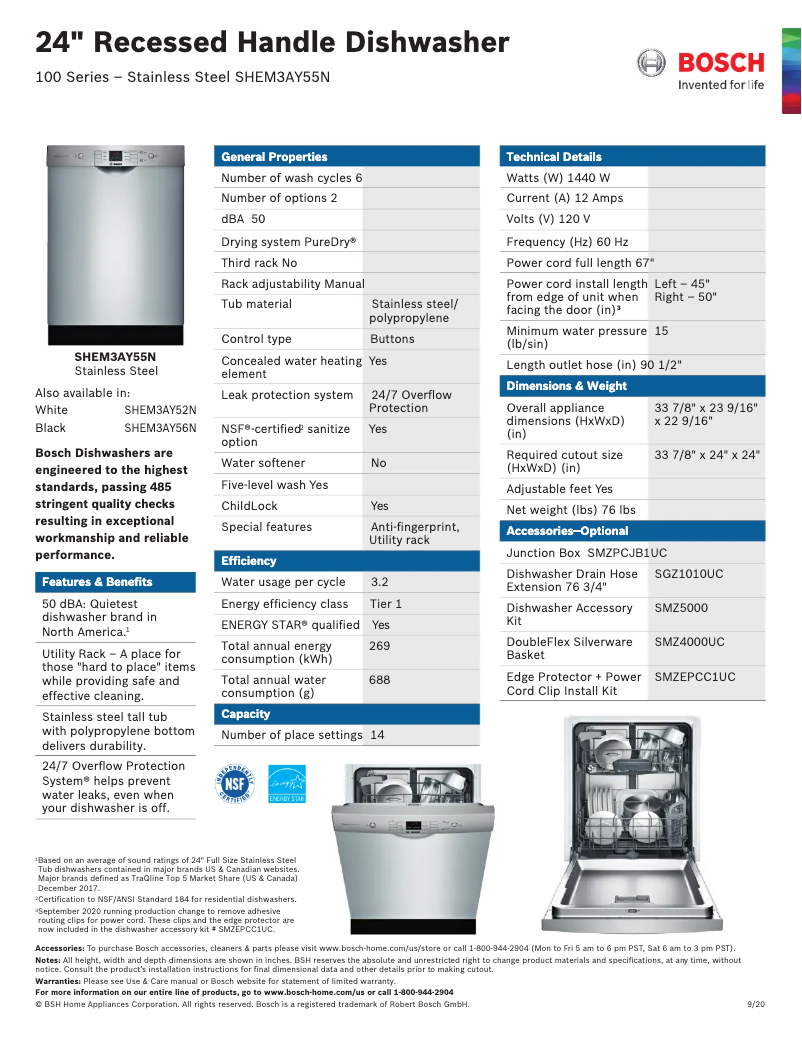 Page 1 de la notice Fiche technique Bosch SHEM3AY55N