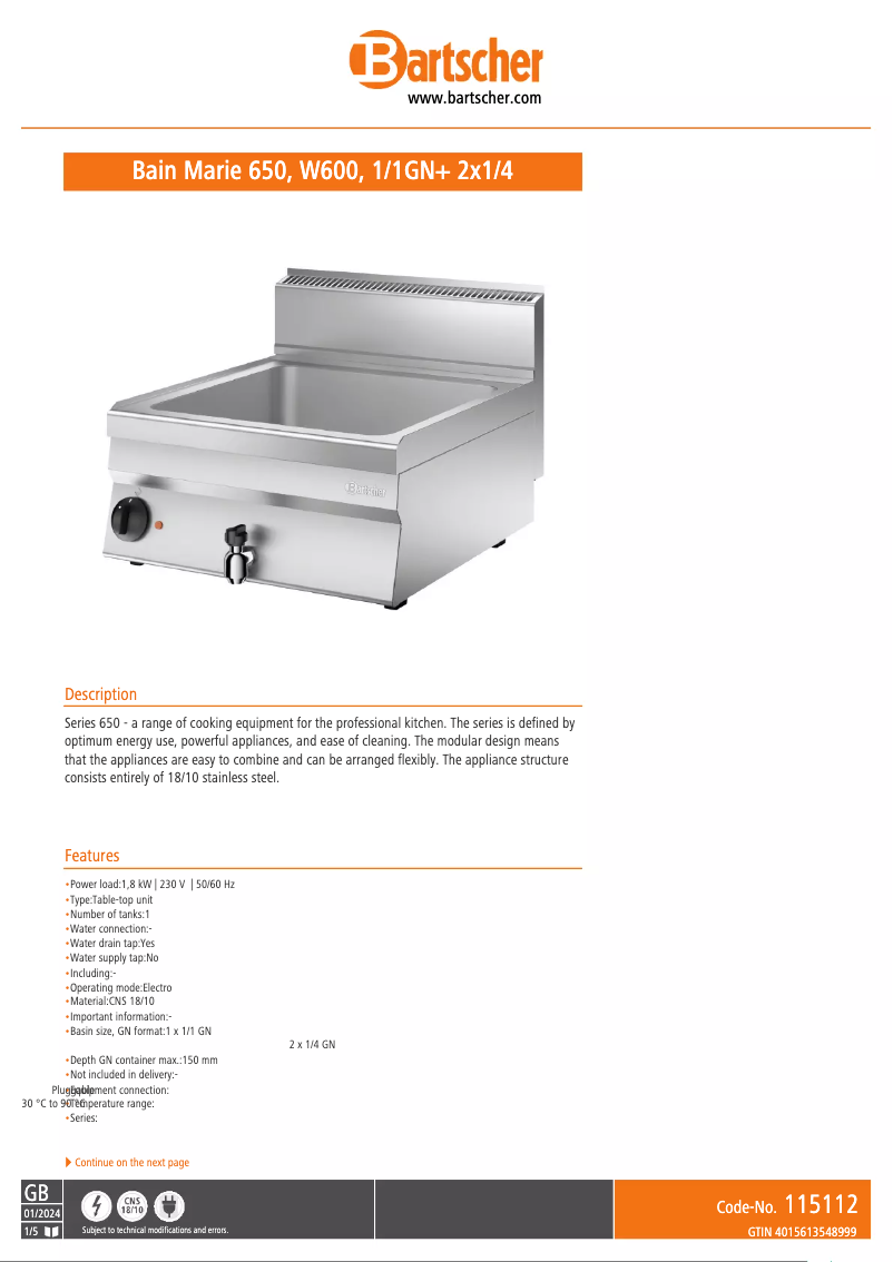 Page 1 de la notice Fiche technique Bartscher 115112
