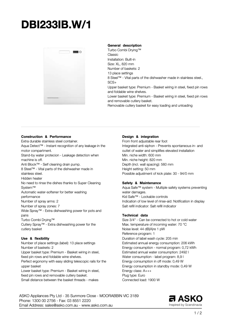 Page n°1 - Fiche technique Asko DBI233IB