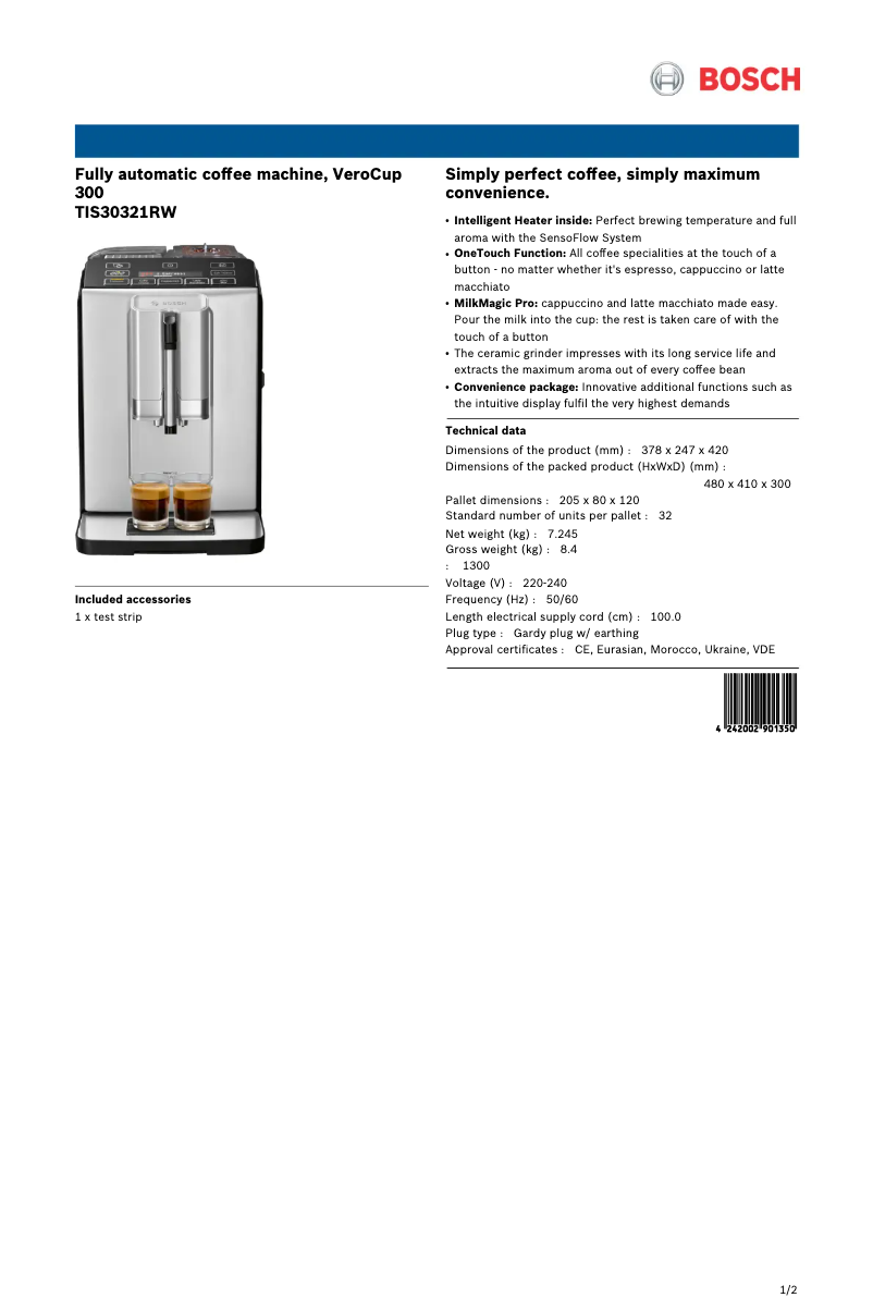 Page 1 de la notice Fiche technique Bosch VeroCup 300 TIS30321RW