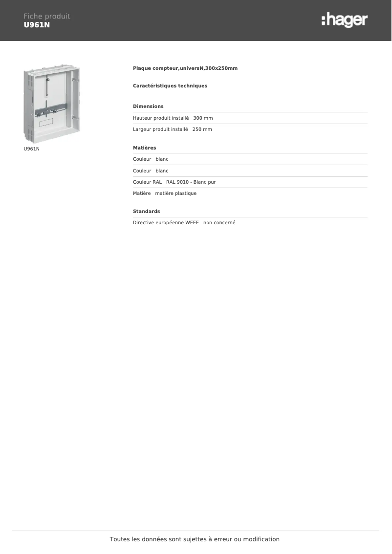 Page n°1 - Manuel utilisateur Hager U961N