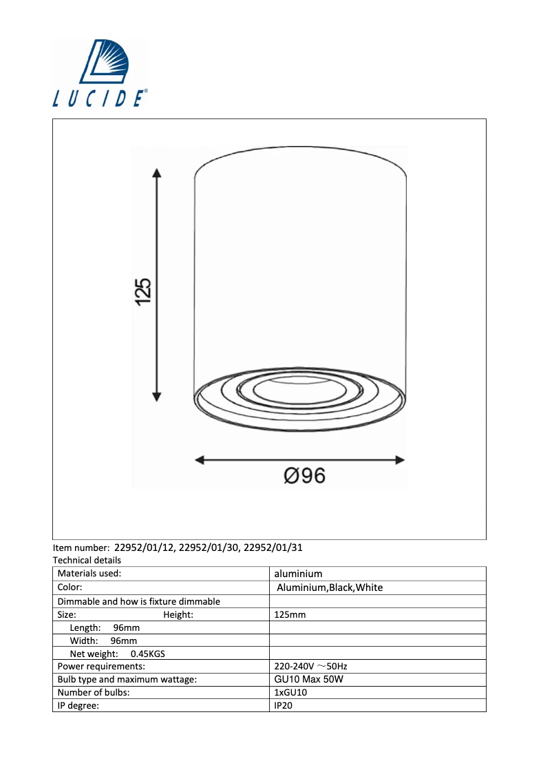 Page 1 de la notice Manuel utilisateur Lucide Tube 22952/01/30