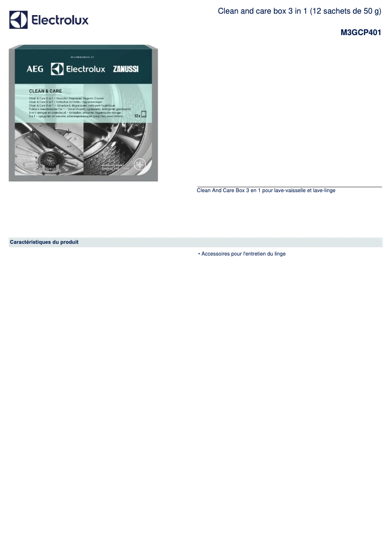 Page 1 de la notice Fiche technique Electrolux M3GCP401