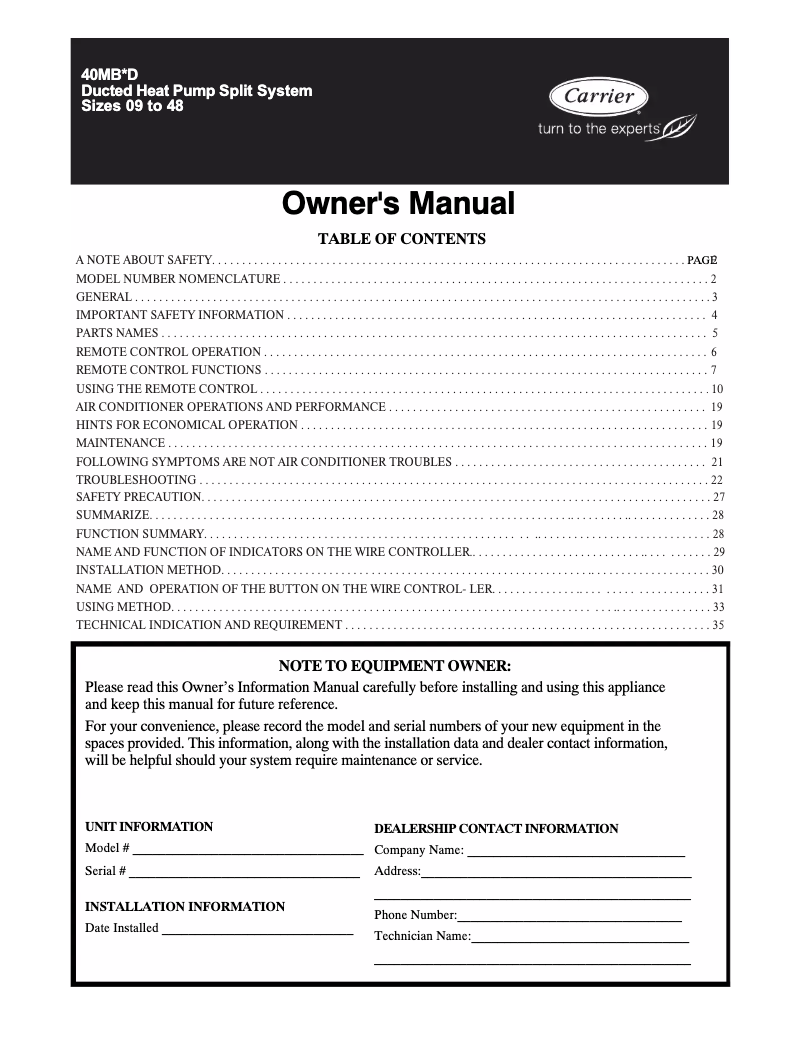 Página 1 del manual Manual de usuario Carrier 40MBQB18D3