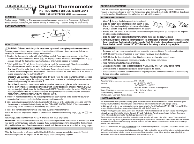 Page n°1 - Manuel utilisateur Lumiscope L2013