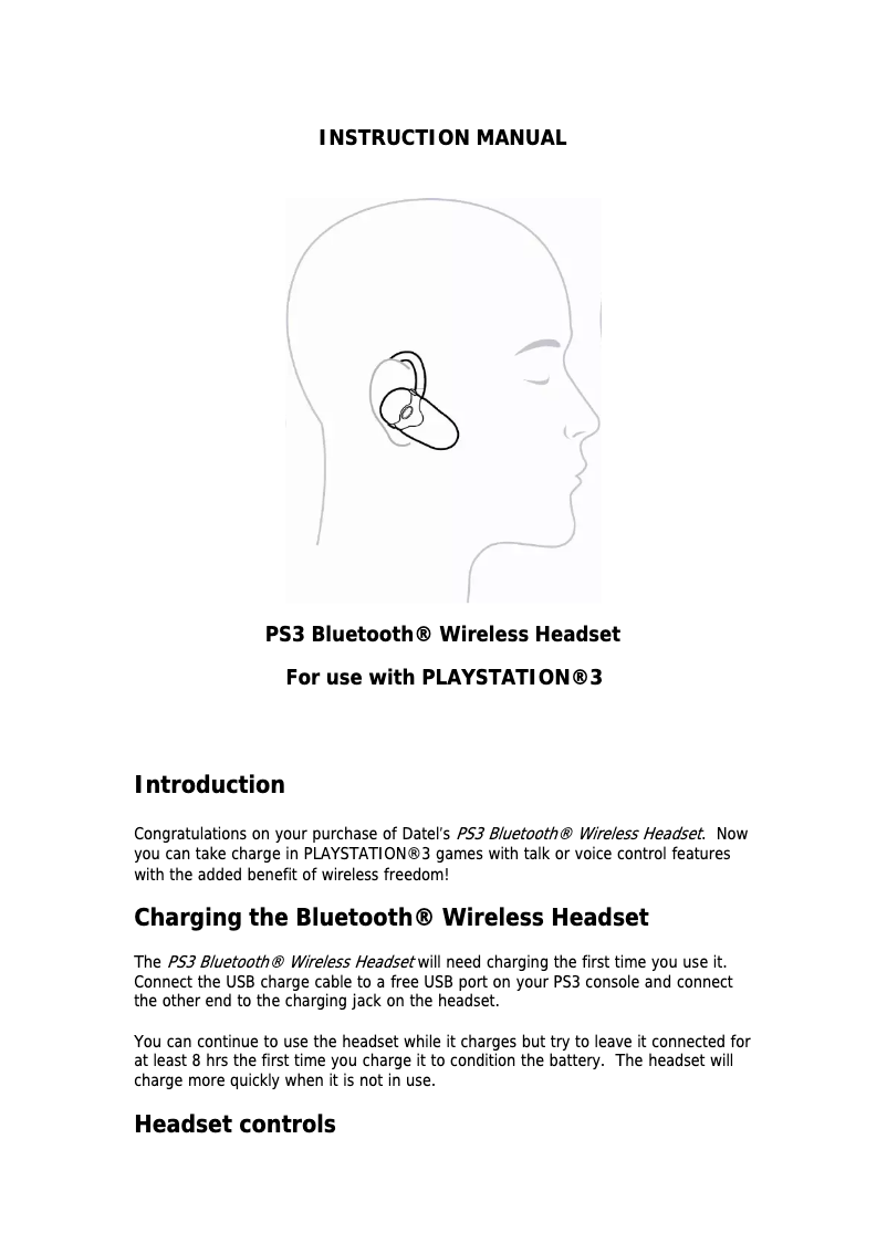 Page 1 de la notice Manuel utilisateur Datel PS3 Bluetooth Wireless Headset