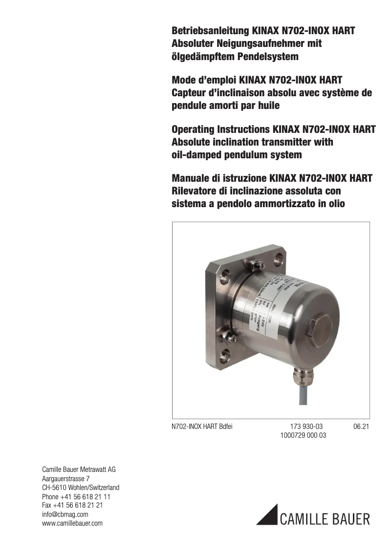 Page 1 de la notice Manuel utilisateur Camille Bauer KINAX N702-INOX HART