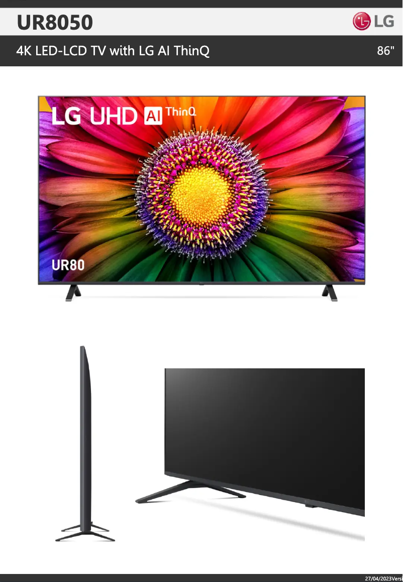 Page 1 de la notice Fiche technique LG 86UR8050PSB