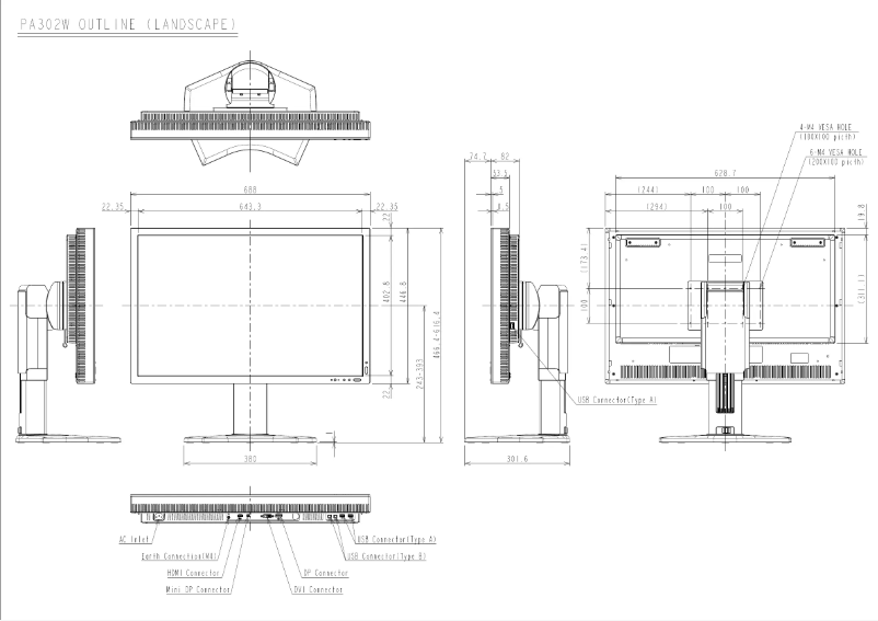 Page 1 de la notice Dessin technique NEC MultiSync PA302W