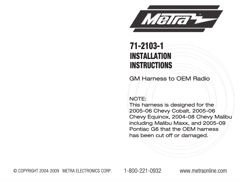 Page 1 de la notice Manuel utilisateur Metra 71-2103-1