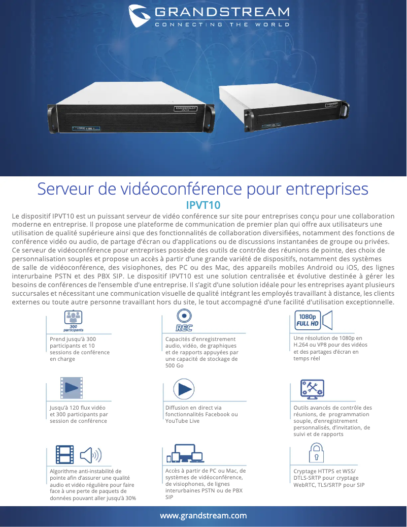 Page 1 de la notice Fiche technique Grandstream IPVT10