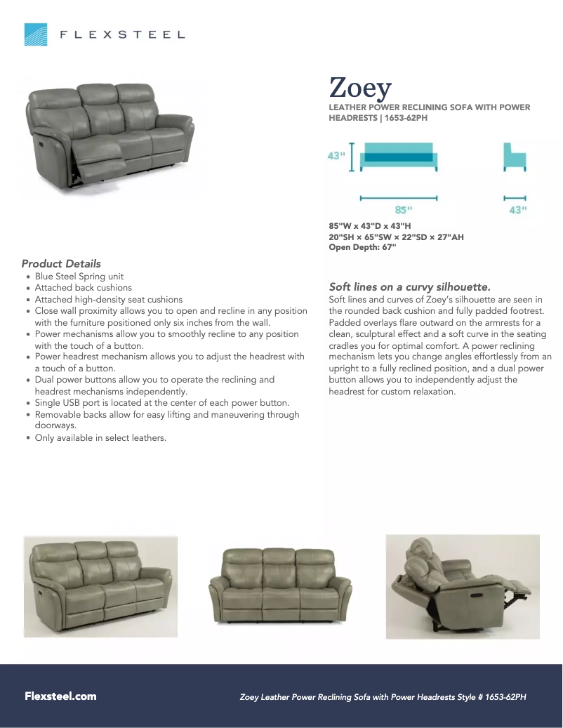 Page n°1 - Fiche technique Flexsteel Zoey 1653-62PH