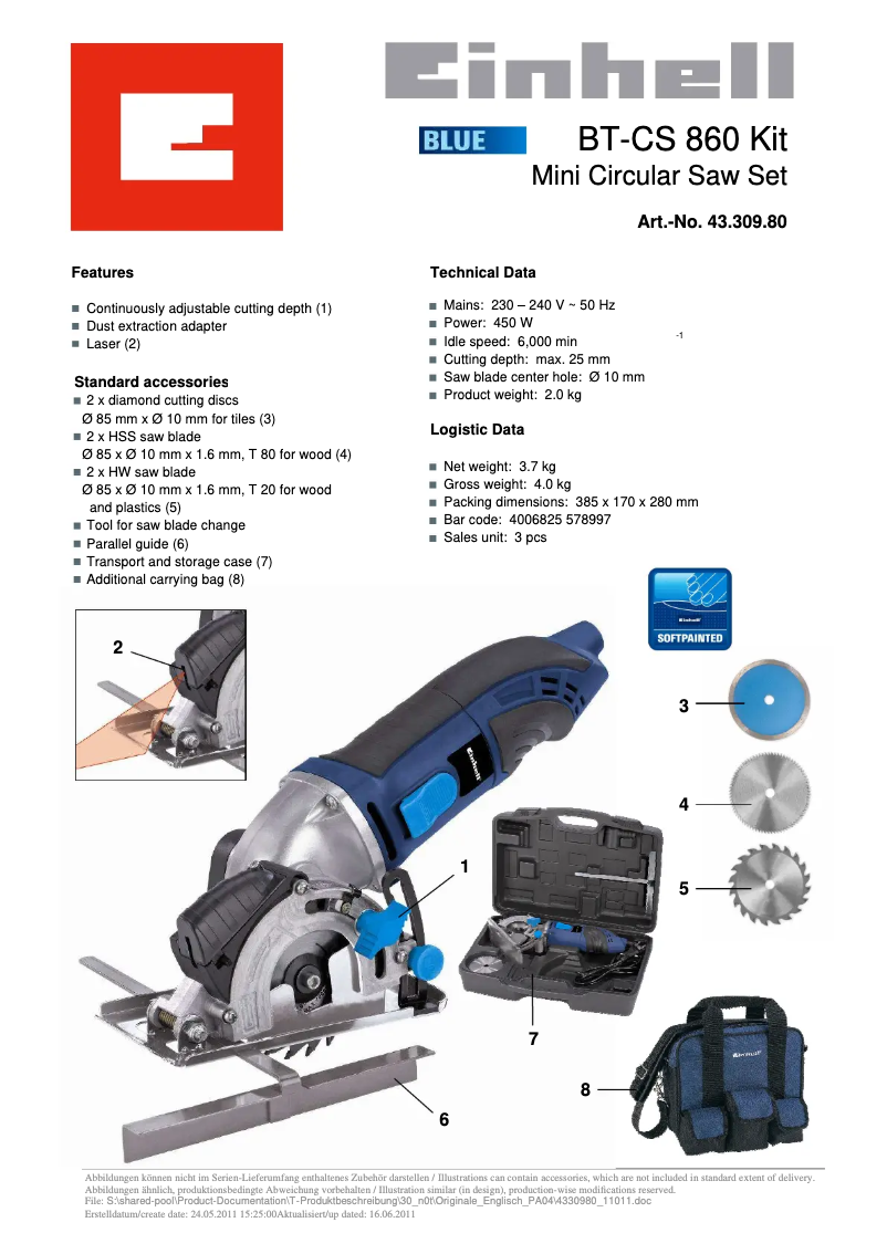 Page 1 de la notice Manuel utilisateur Einhell BT-CS 860 Kit