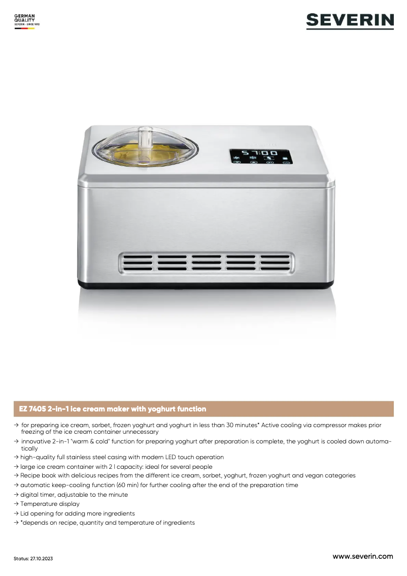 Page 1 de la notice Fiche technique Severin EZ 7405