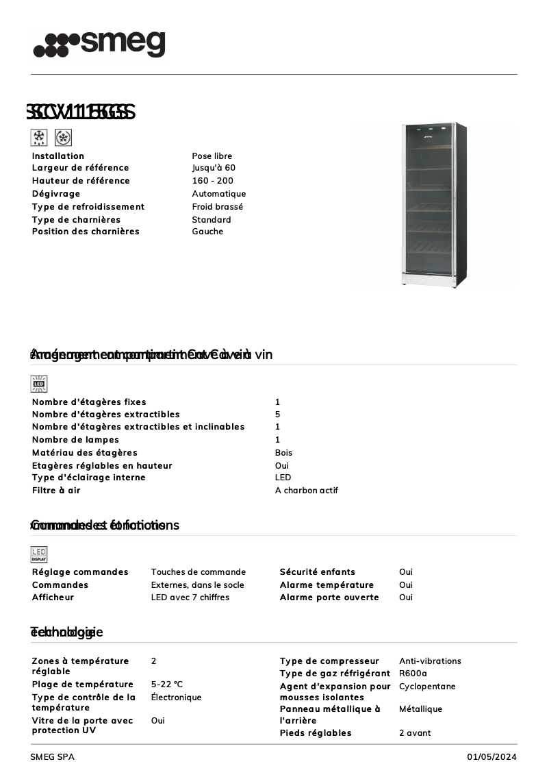 Page 1 de la notice Fiche technique Smeg SCV115GS