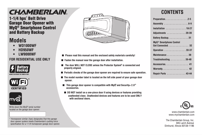Page n°1 - Manuel utilisateur Chamberlain LW9000WF