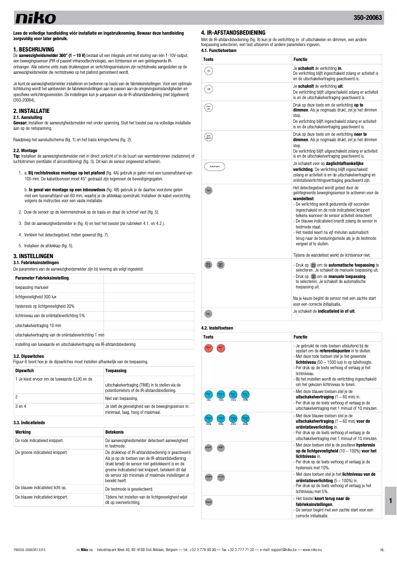 Page 1 de la notice Manuel utilisateur Niko 350-20063