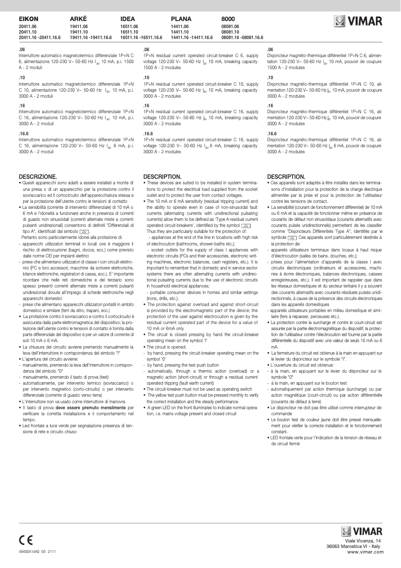 Page n°1 - Manuel utilisateur Vimar 20411.16.6.B