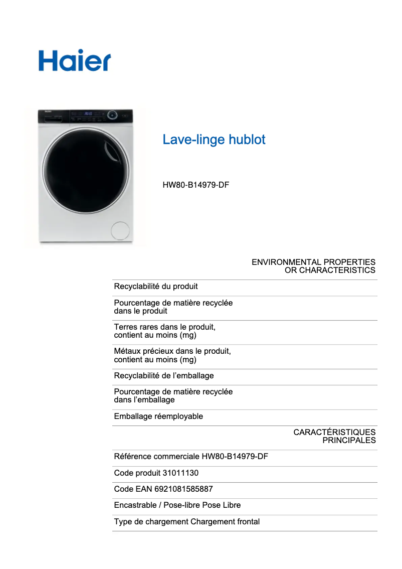 Page 1 de la notice Label énergétique Haier HW80-B14979