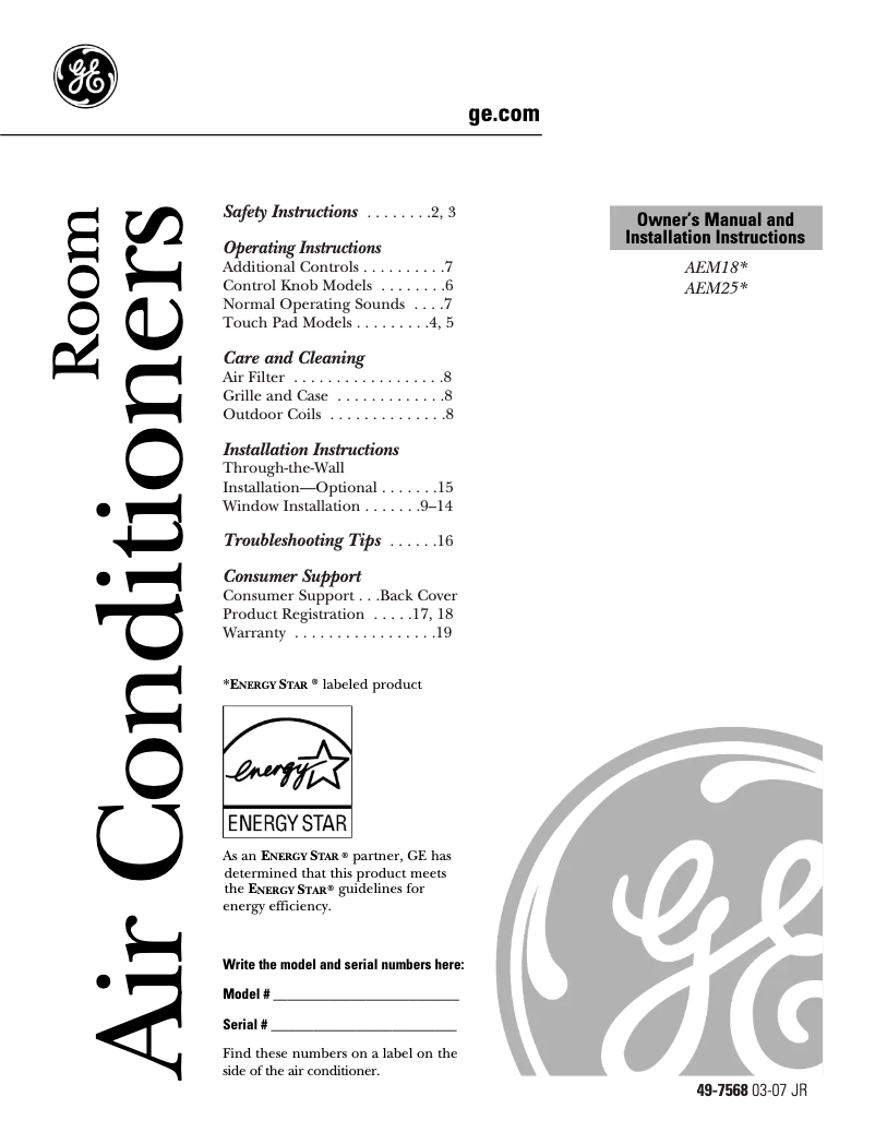 Page n°1 - Manuel d'utilisation et d'entretien GE AEM25DK