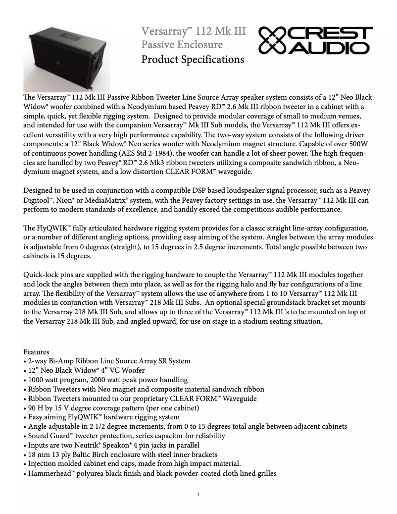 Page n°1 - Manuel utilisateur Crest Audio Versarray 112 MKIII