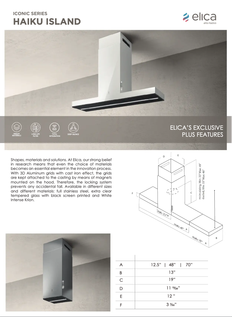 Page 1 de la notice Fiche technique Elica HAIKU ISLAND PRF0157472