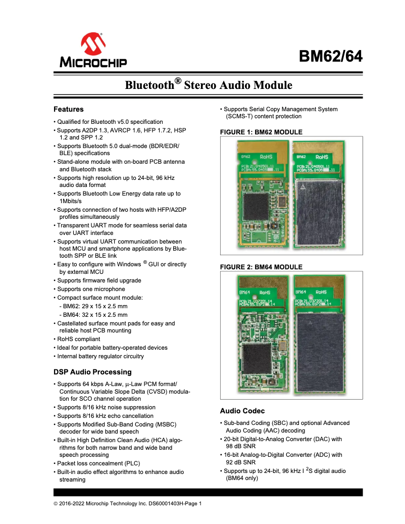 Page 1 de la notice Fiche technique Microchip BM62