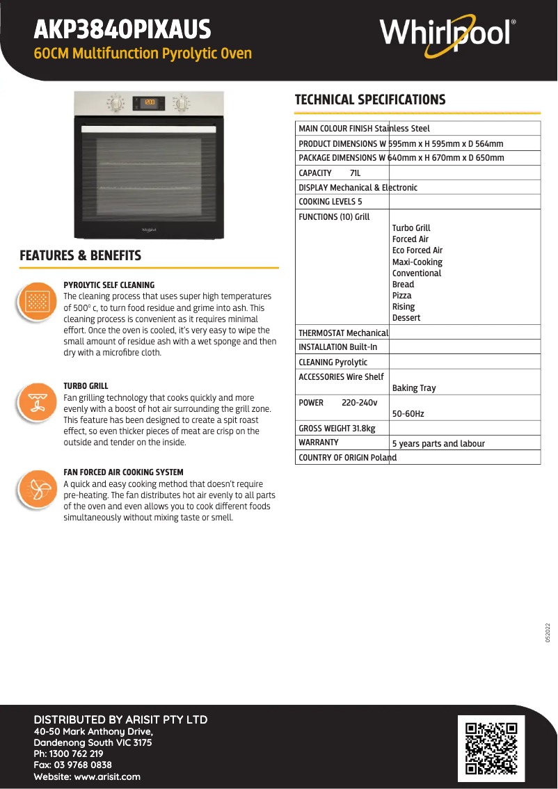 Página 1 del manual Ficha técnica Whirlpool AKP 3840 PIX AUS