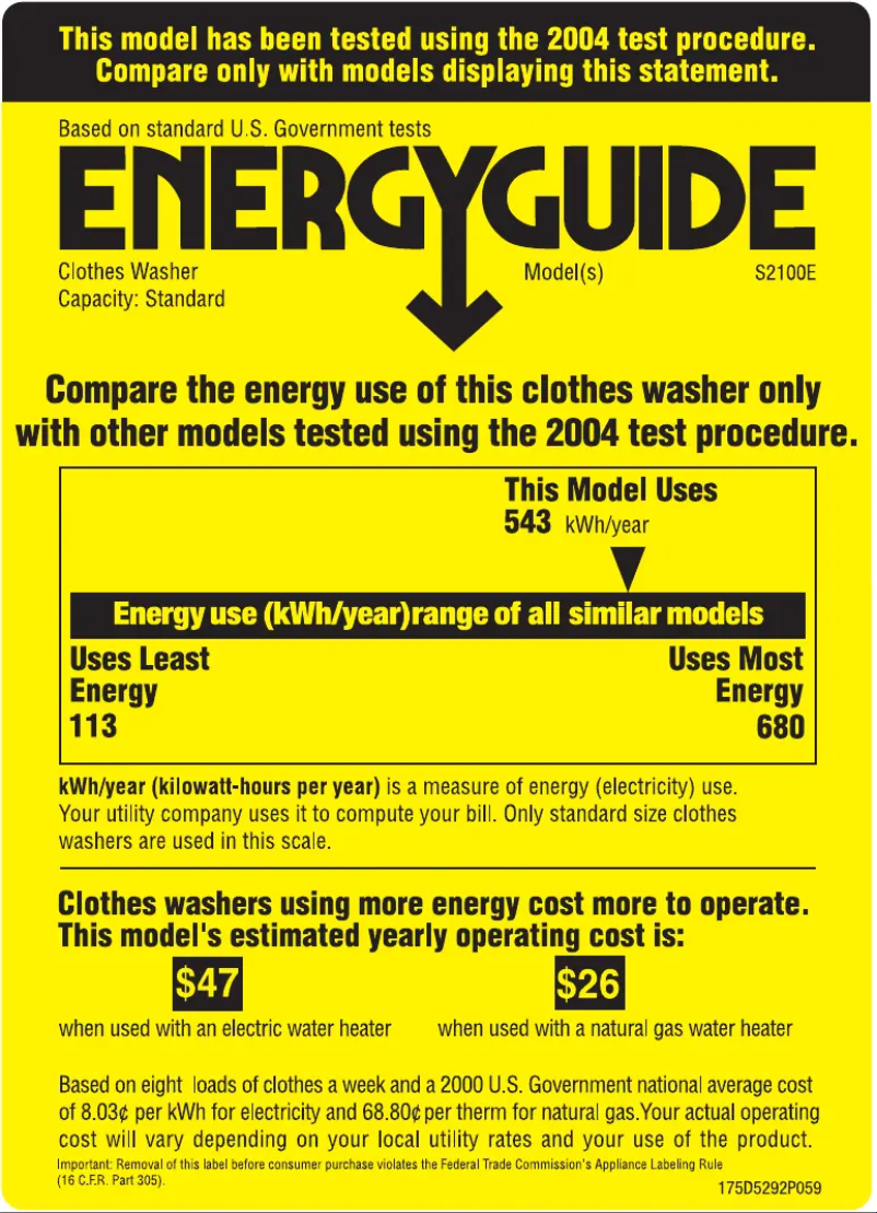 Page n°1 - Label énergétique GE S2100EWW