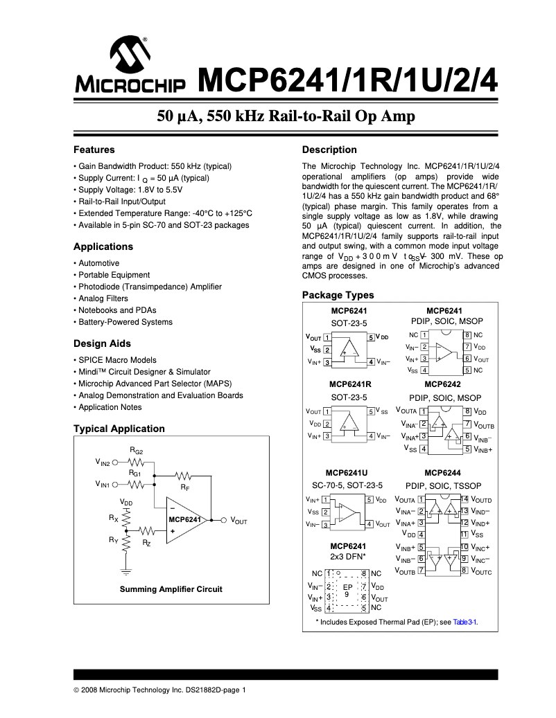 Page 1 de la notice Fiche technique Microchip MCP6242