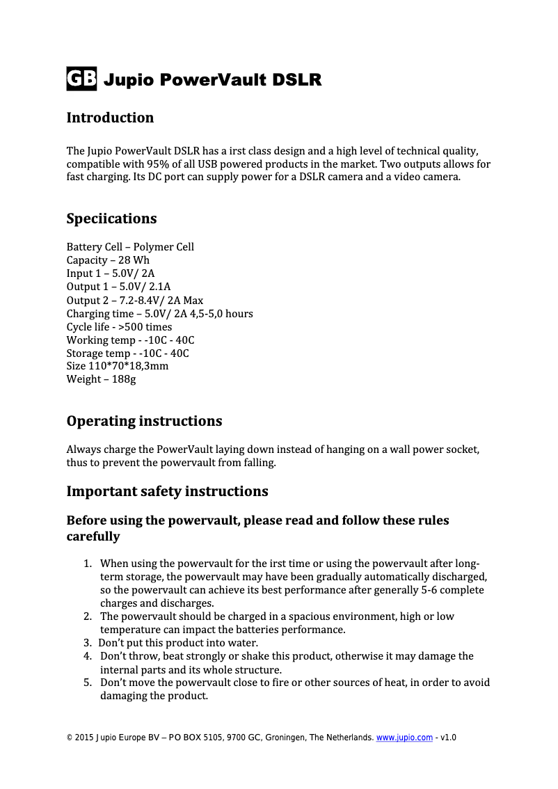 Page n°1 - Manuel utilisateur Jupio PowerVault DSLR