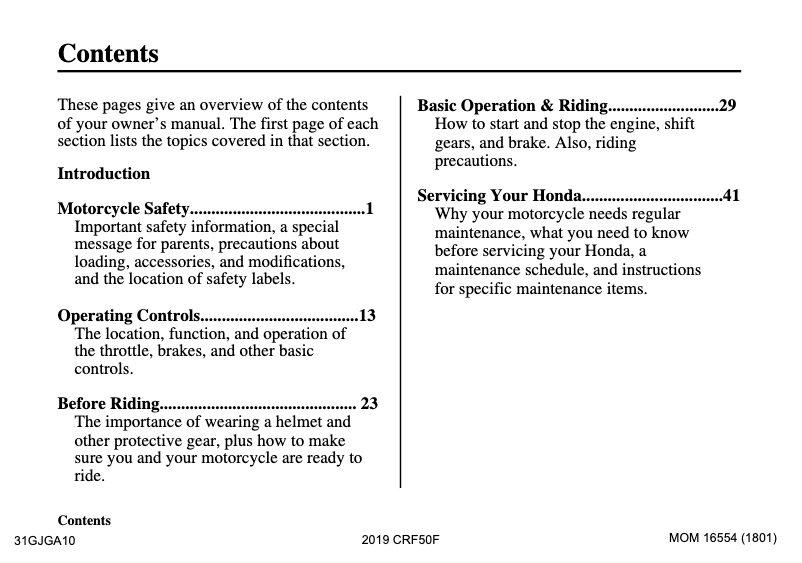 Página 1 del manual Manual de usuario Honda CRF50F (2019)
