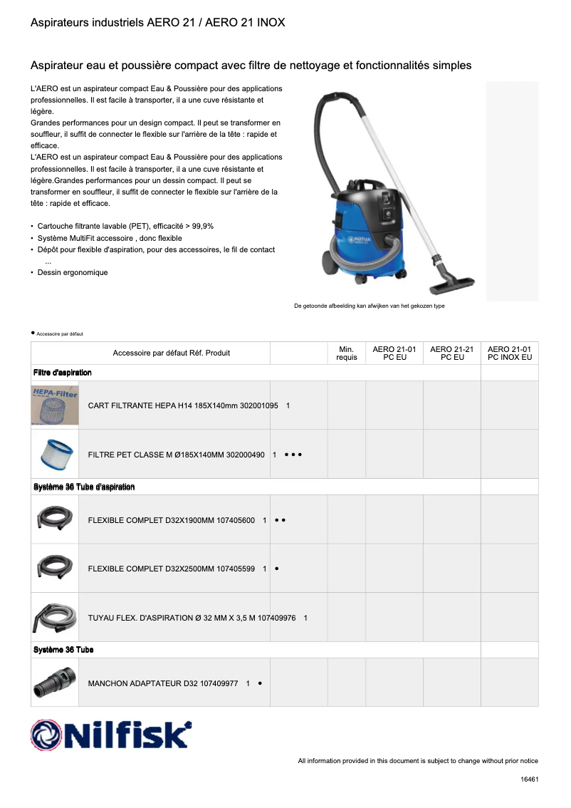 Page 1 de la notice Fiche technique Nilfisk AERO 21