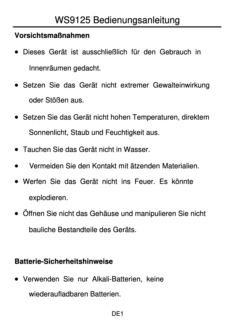 Page 1 de la notice Manuel utilisateur Techno Line WS 9125