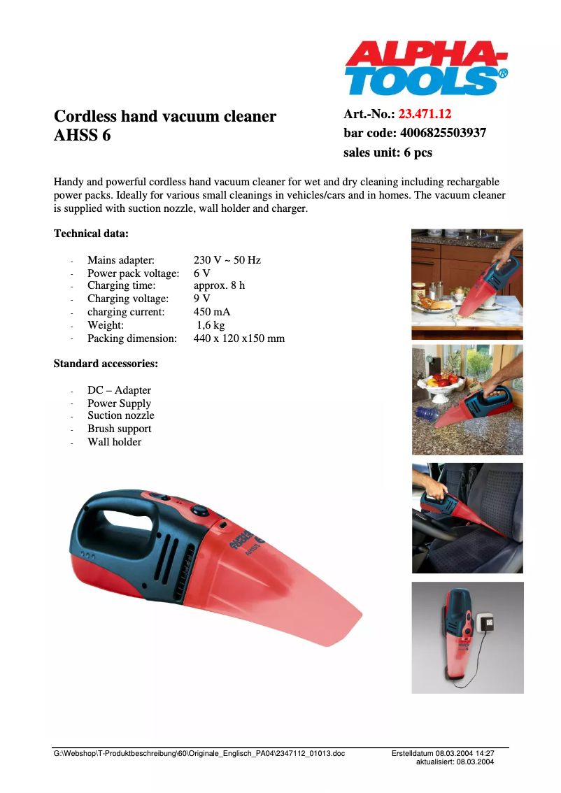 Page 1 de la notice Fiche technique Alpha Tools AHSS 6