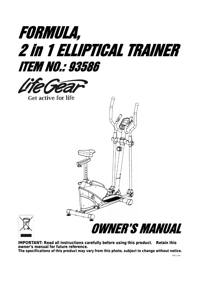Image de la première page du manuel de l'appareil Formula 2 in 1 Elliptical Trainer 93586