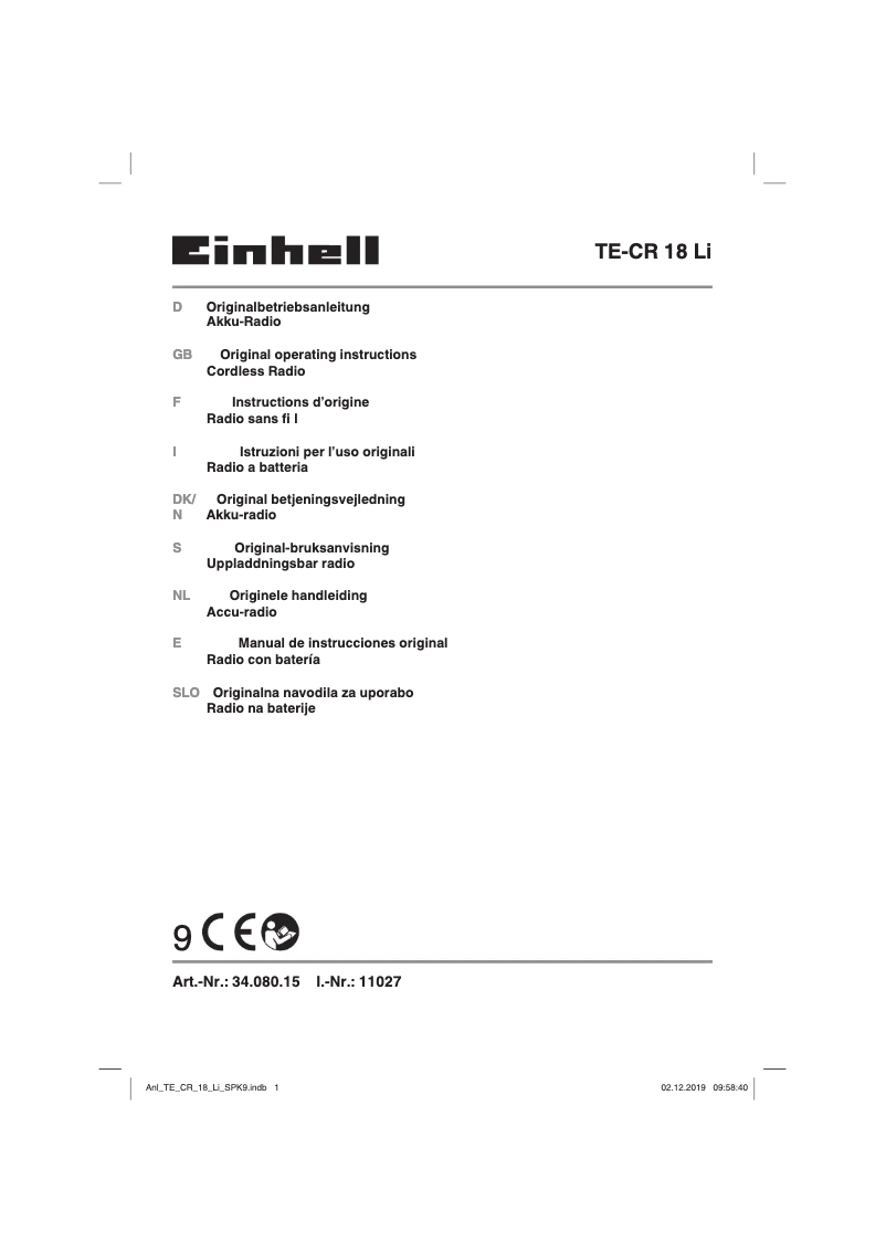 Image de la première page du manuel de l'appareil TE-CR 18 Li-Solo