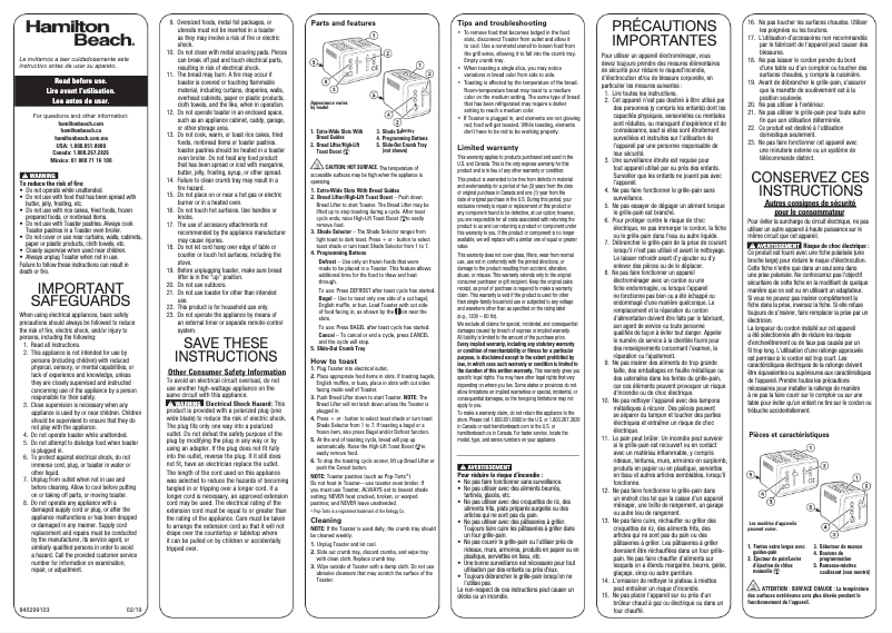 Page 1 de la notice Manuel utilisateur Hamilton Beach 24796