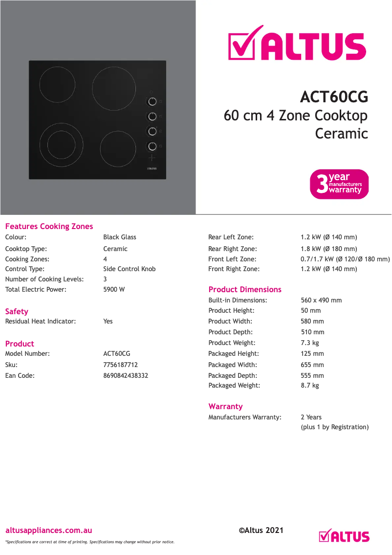 Página 1 del manual Ficha técnica Altus ACT60CG