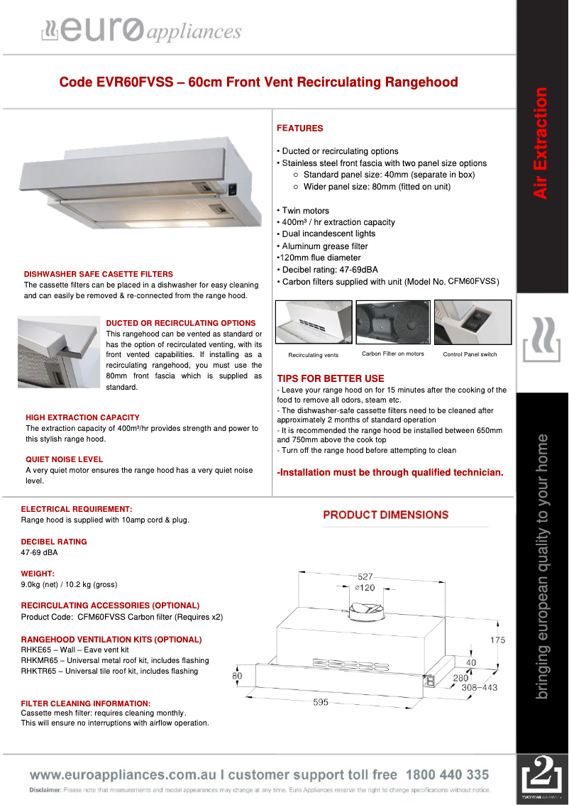 Page n°1 - Fiche technique Euro Appliances EVR60FVSS