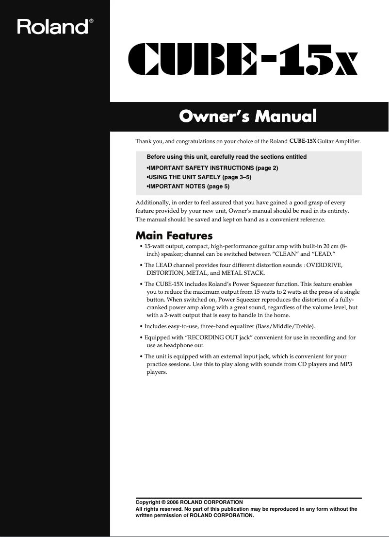 Page 1 de la notice Manuel utilisateur Roland CUBE-15X