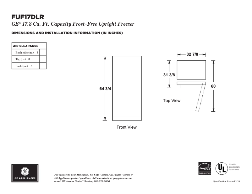 Page n°1 - Fiche technique GE FUF17DLRWW