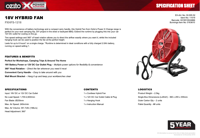 Página 1 del manual Ficha técnica Ozito PXHFS-1218