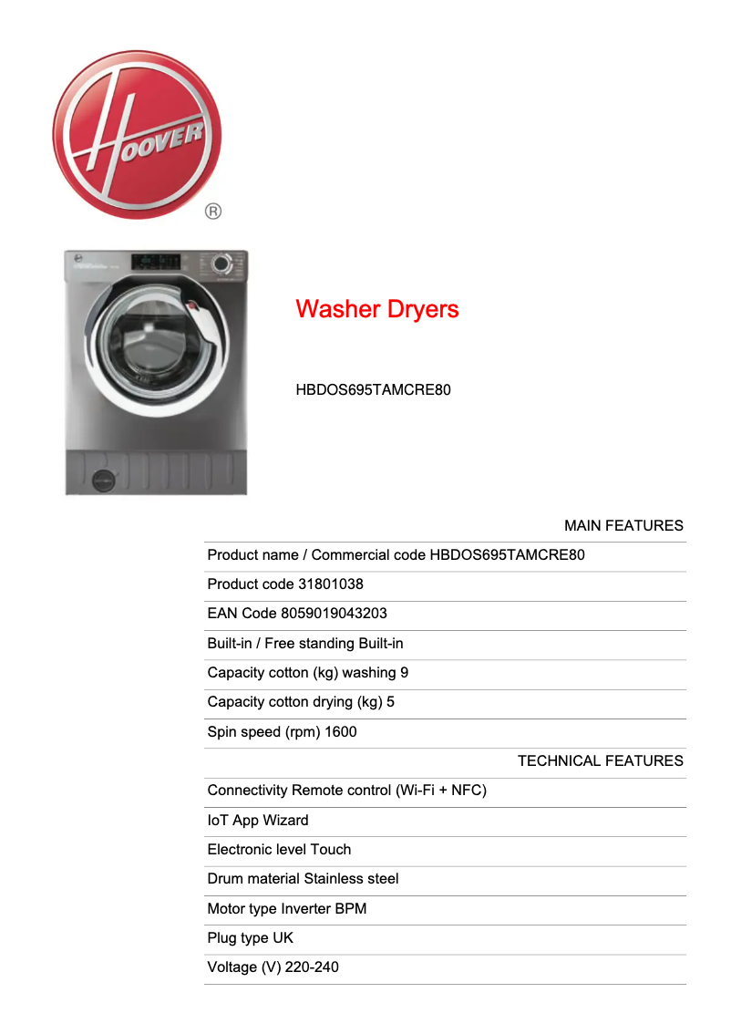 Page 1 de la notice Fiche technique Hoover H-WASH 300 PRO HBDOS695TAMCRE80