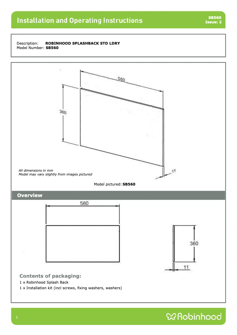 Page 1 de la notice Instructions / montage Robinhood SB560